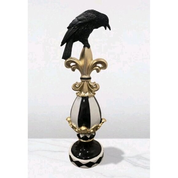 New Black & White Stripes Halloween Crow Perched Fleur de Lis Resin Decor Figure - Picture 1 of 4